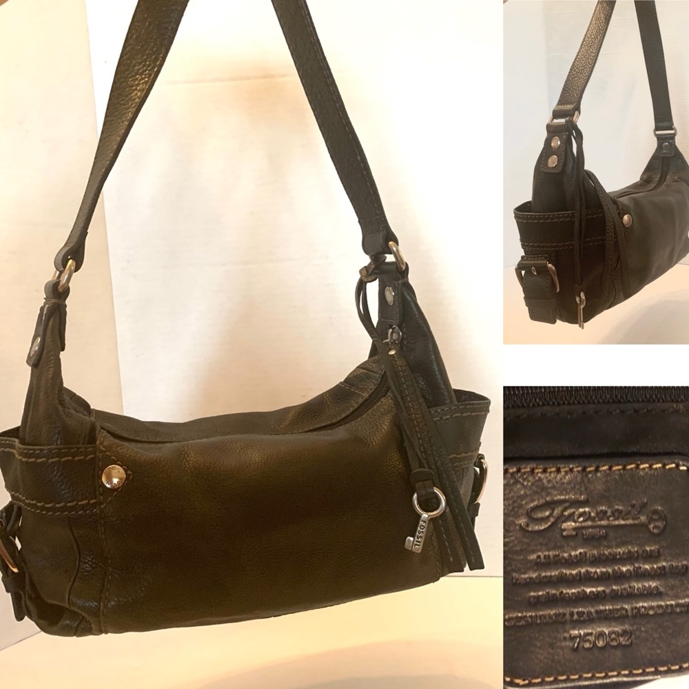 Fossil Black Leather Shoulder Bag with Silver Details